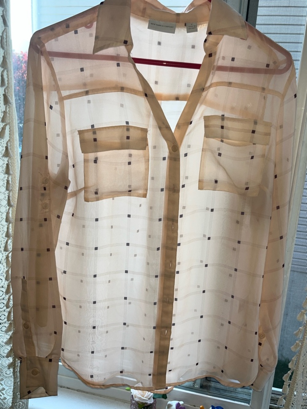 Pink Sheer Check Pattern Women’s Shirt Blouse Button Up Lightweight NY & Co
